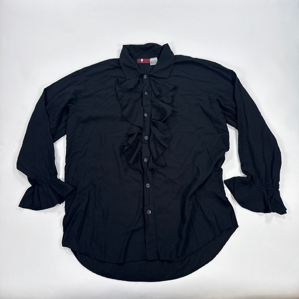 Morbid Threads Womens Shirt XL Black Ruffle Front Poet Sleeve Gothic Victorian